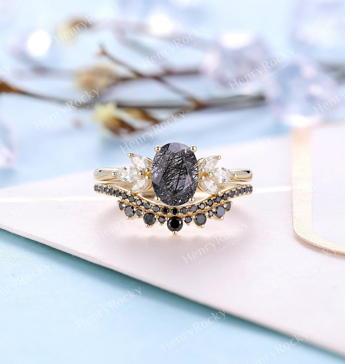 Black Rutilated Quartz Engagement Ring set | Oval shaped Rose gold ring |Art deco ring Black Diamond Wedding band | Anniversary Promise ring