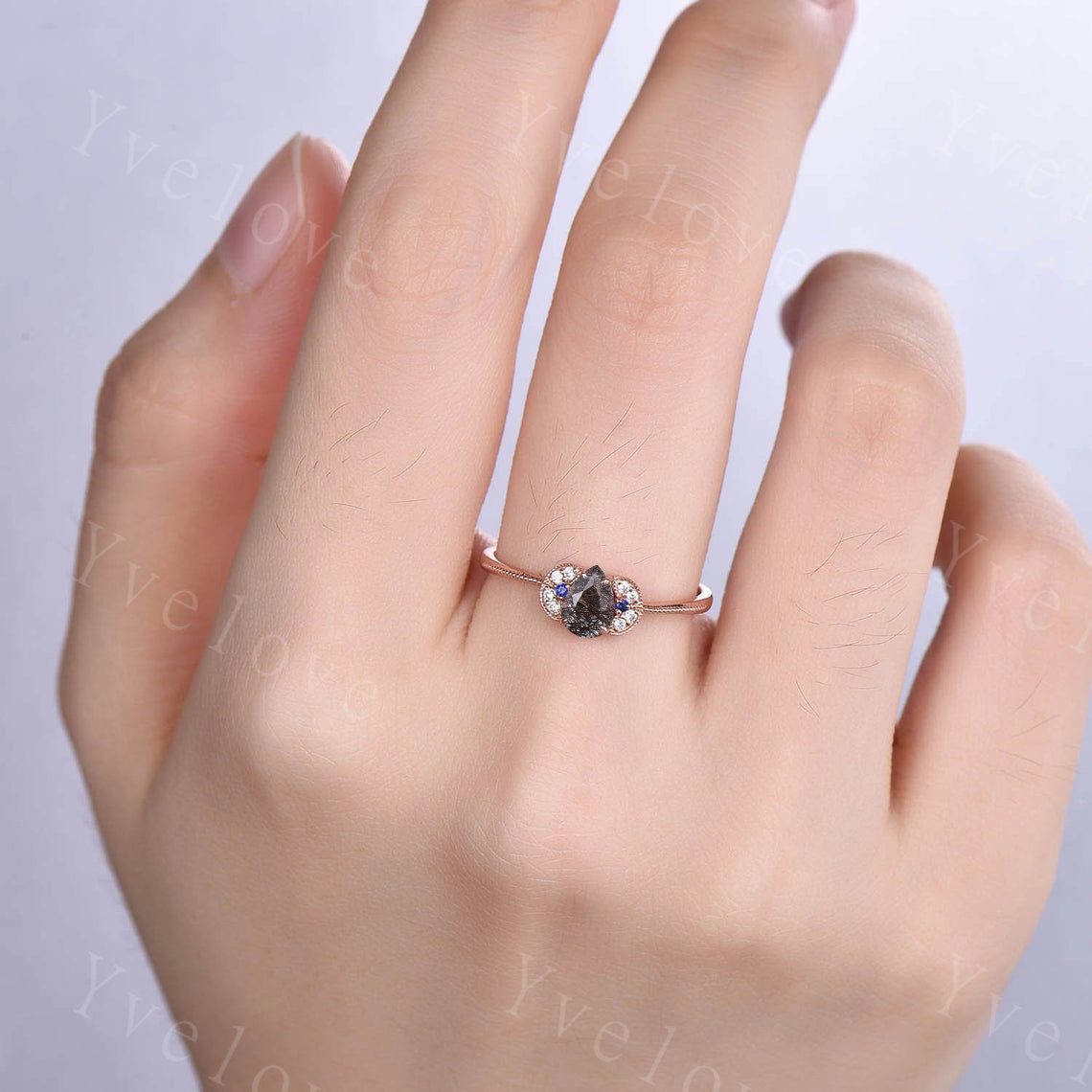 Black Rutilated Quartz Engagement Ring Rose Gold,Black Diamond Solitaire Ring,Pear shaped wedding rings for women