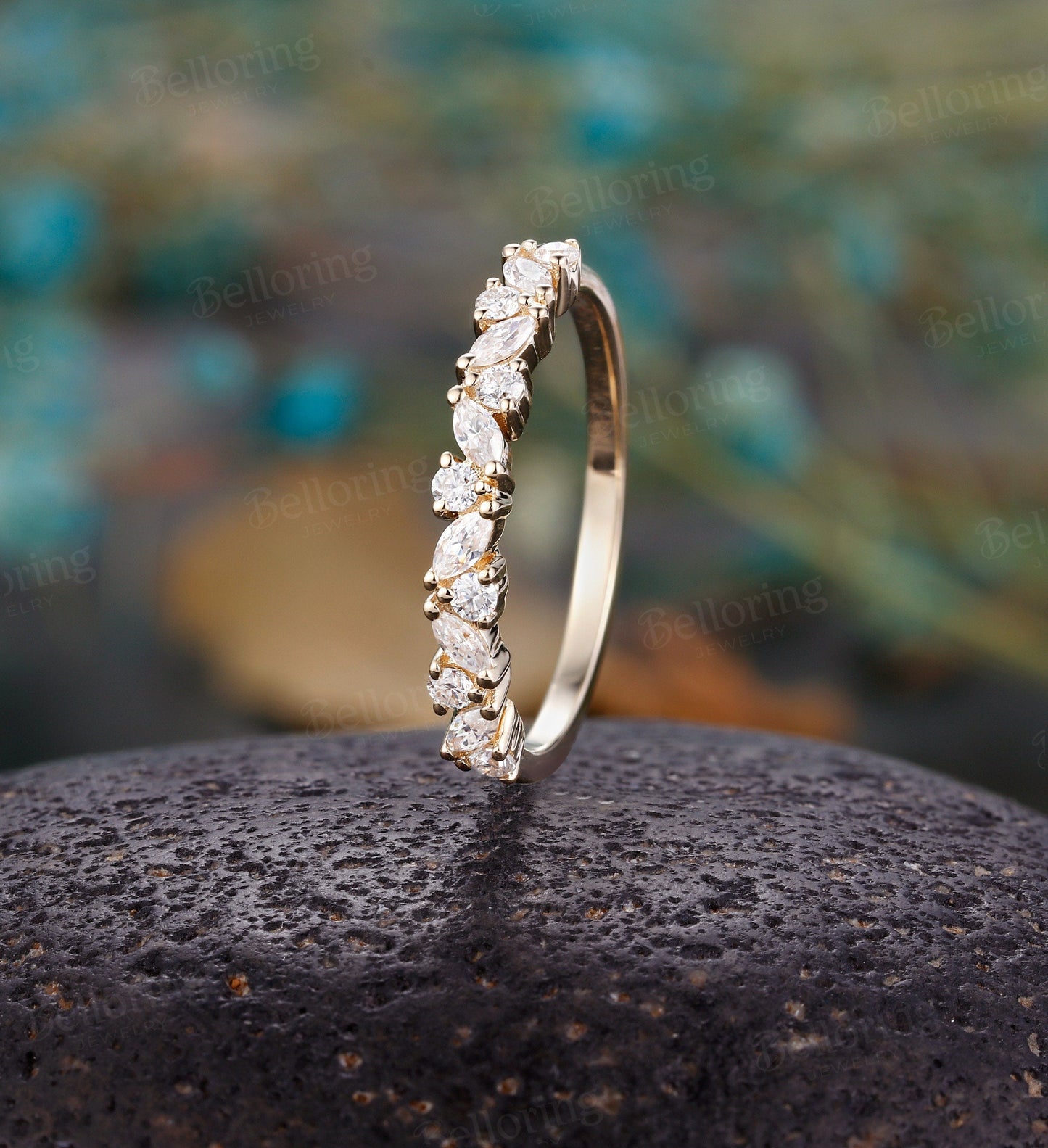 Marquise cut & round Moissanite wedding band, vintage yellow gold Half eternity antique unique bridal ring, Promise Matching band