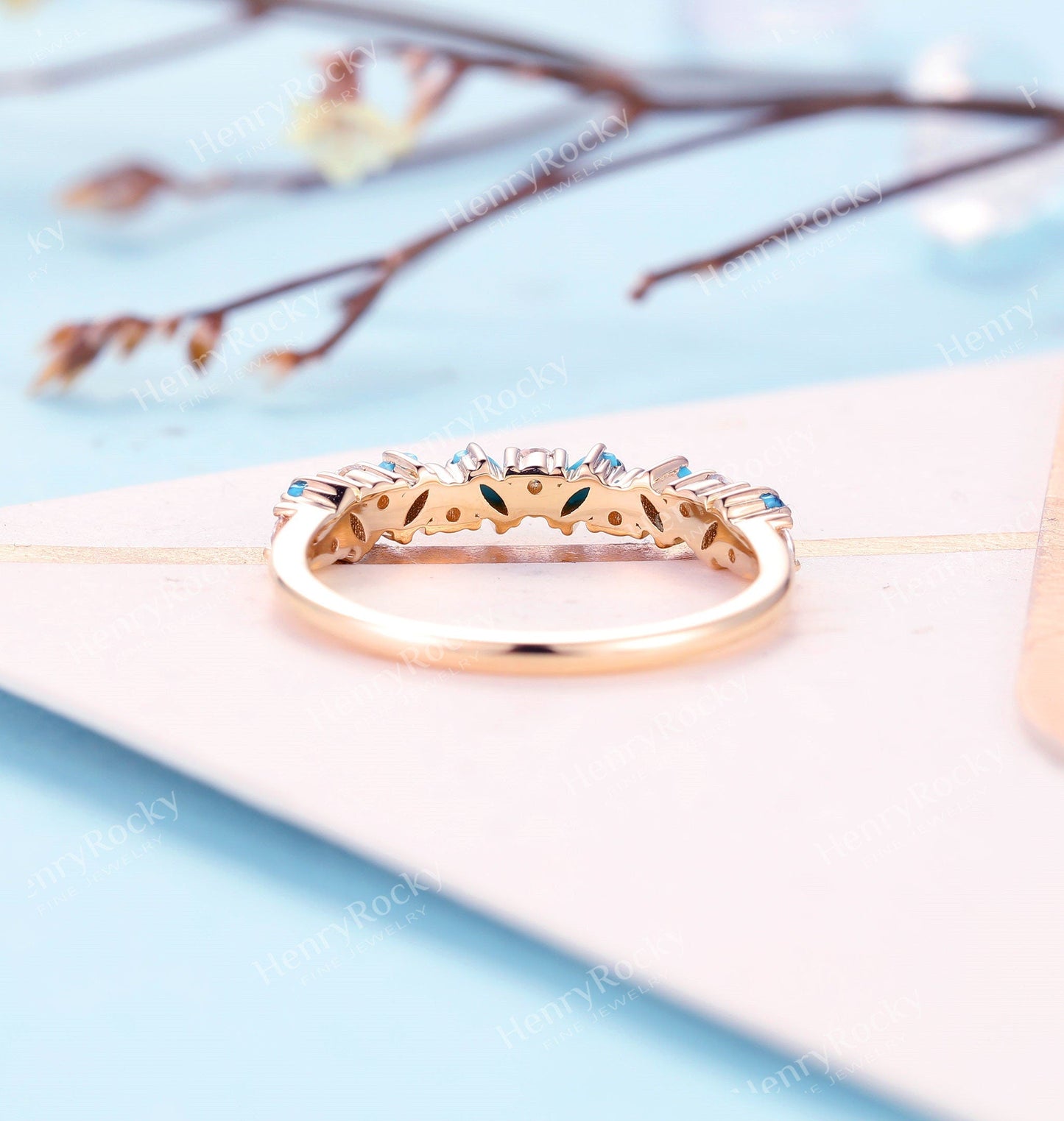 Antique Turquoise Wedding Band Rose Gold Women | Vintage Moissanite Stacking Bridal Ring | Art Deco Diamond Promise Ring | Anniversary ring