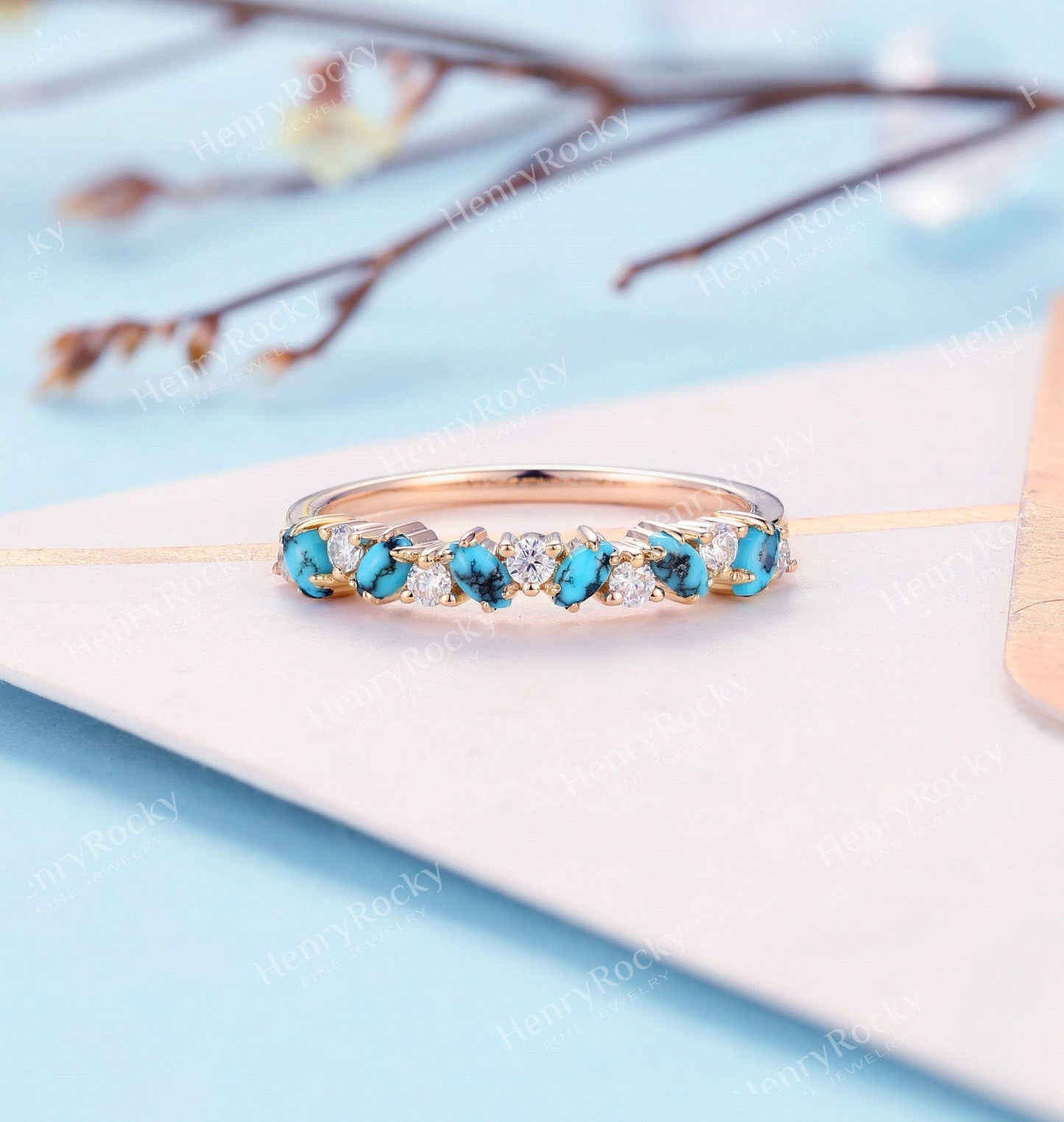 Antique Turquoise Wedding Band Rose Gold Women | Vintage Moissanite Stacking Bridal Ring | Art Deco Diamond Promise Ring | Anniversary ring