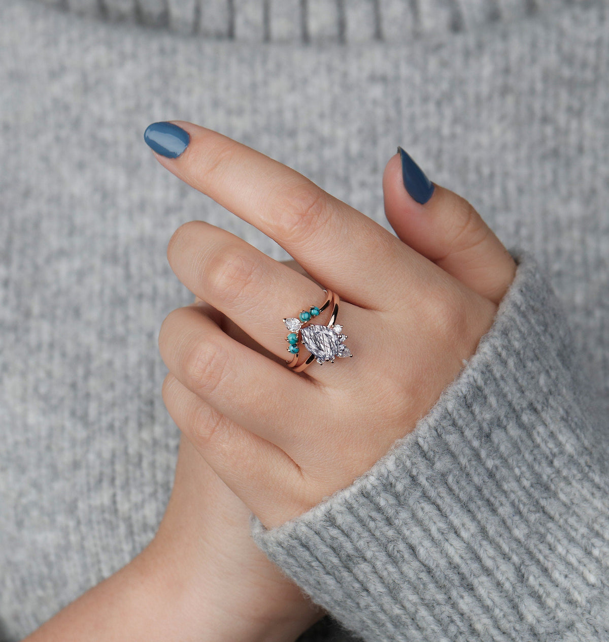 Black Rutilated Quartz Vintage Engagement Ring | Art deco Pear shaped Diamond Bridal Set | Antique turquoise wedding band | Anniversary ring