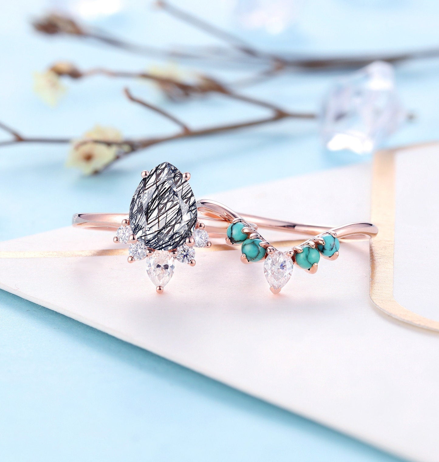 Black Rutilated Quartz Vintage Engagement Ring | Art deco Pear shaped Diamond Bridal Set | Antique turquoise wedding band | Anniversary ring