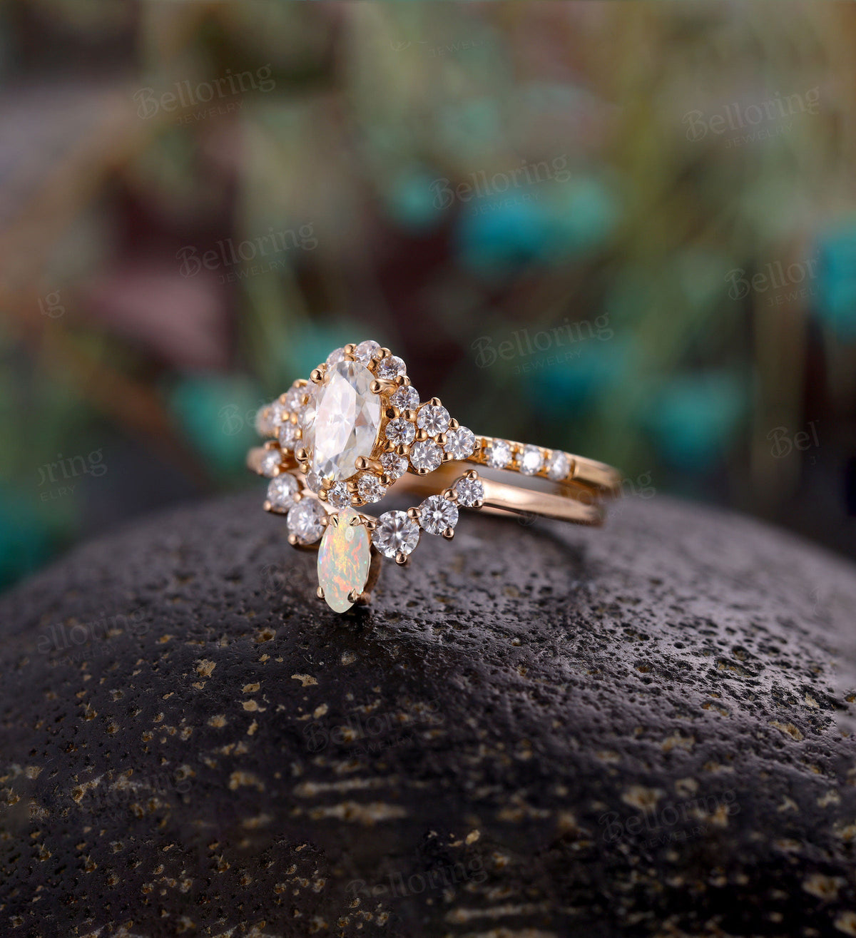 Moissanite engagement ring set Vintage  oval Art deco rose gold Unique opal wedding Jewelry antique promise Anniversary wedding ring