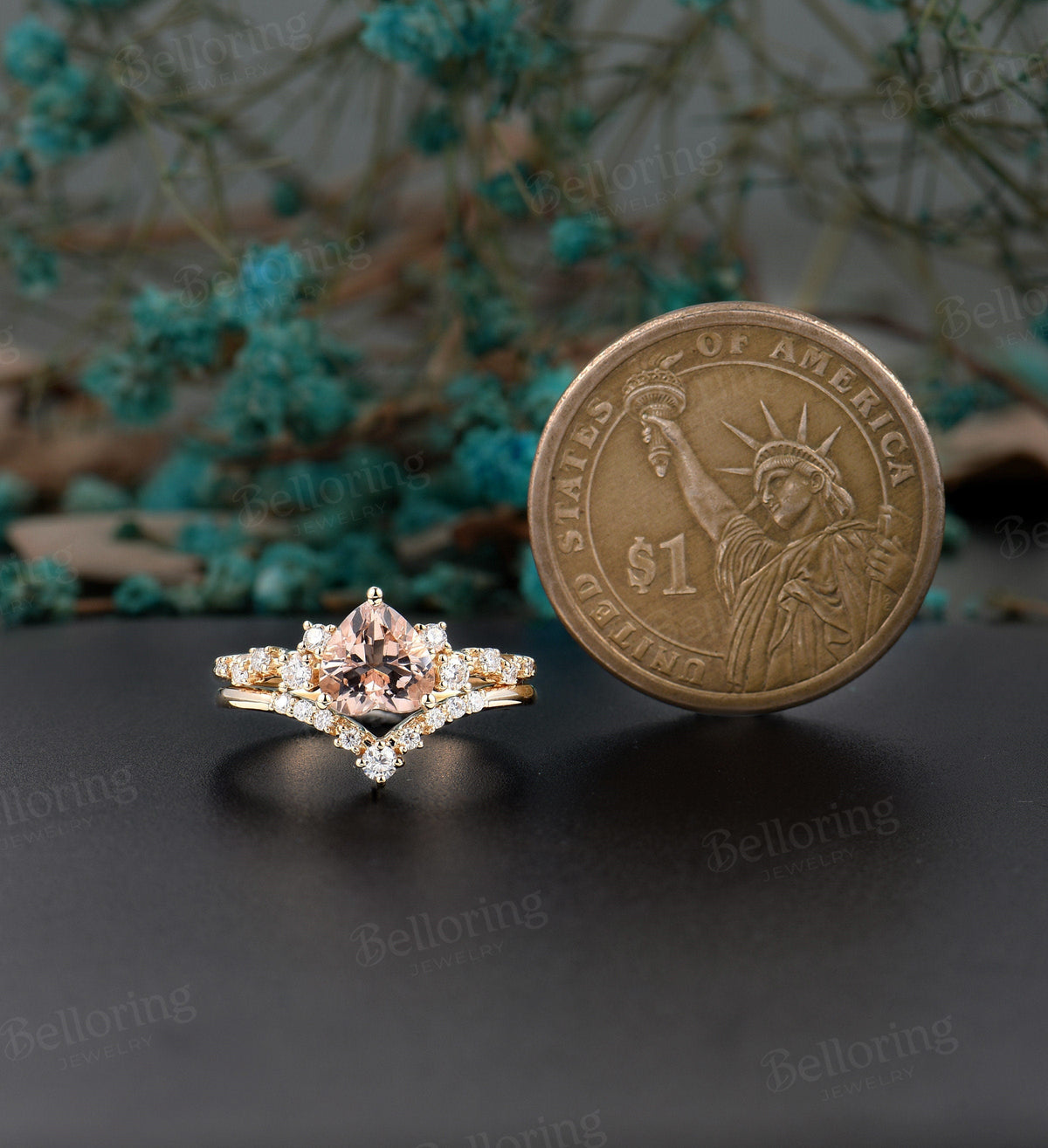 Heart-shaped Morganite Engagement vintage unique ring, Art deco Wedding ring antique yellow gold ring set, promise Anniversary wedding ring