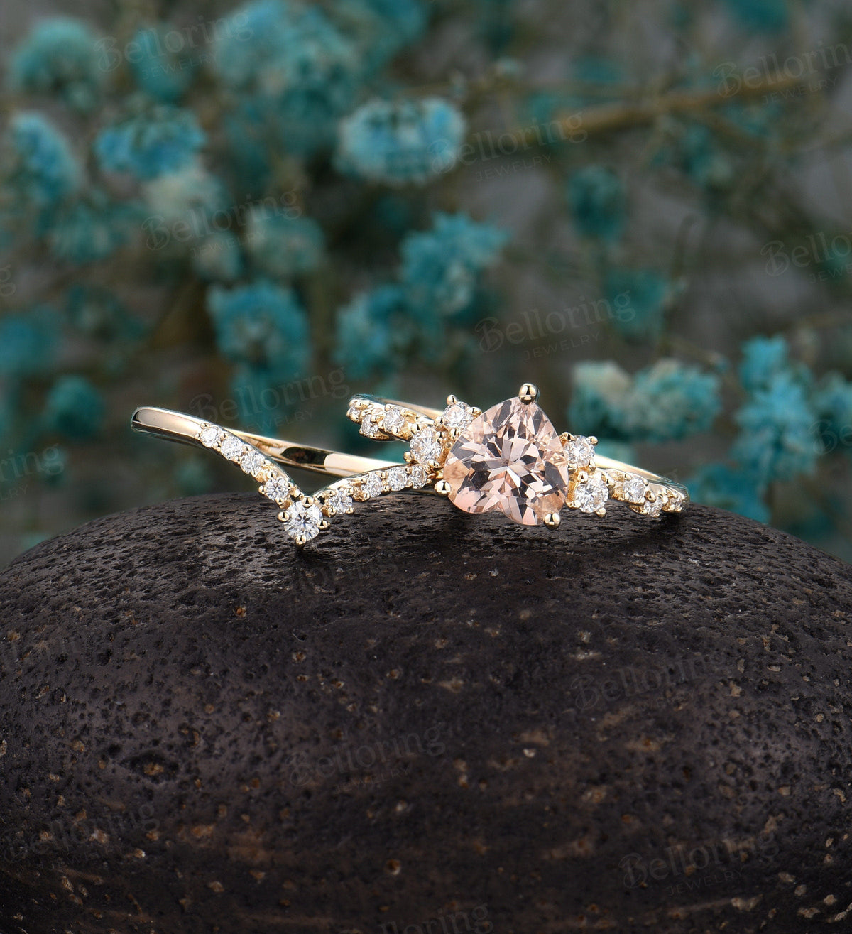 Heart-shaped Morganite Engagement vintage unique ring, Art deco Wedding ring antique yellow gold ring set, promise Anniversary wedding ring