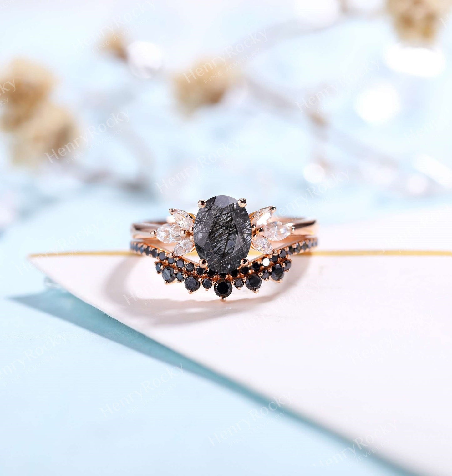 Black Rutilated Quartz Engagement Ring set | Oval shaped Rose gold ring |Art deco ring Black Diamond Wedding band | Anniversary Promise ring