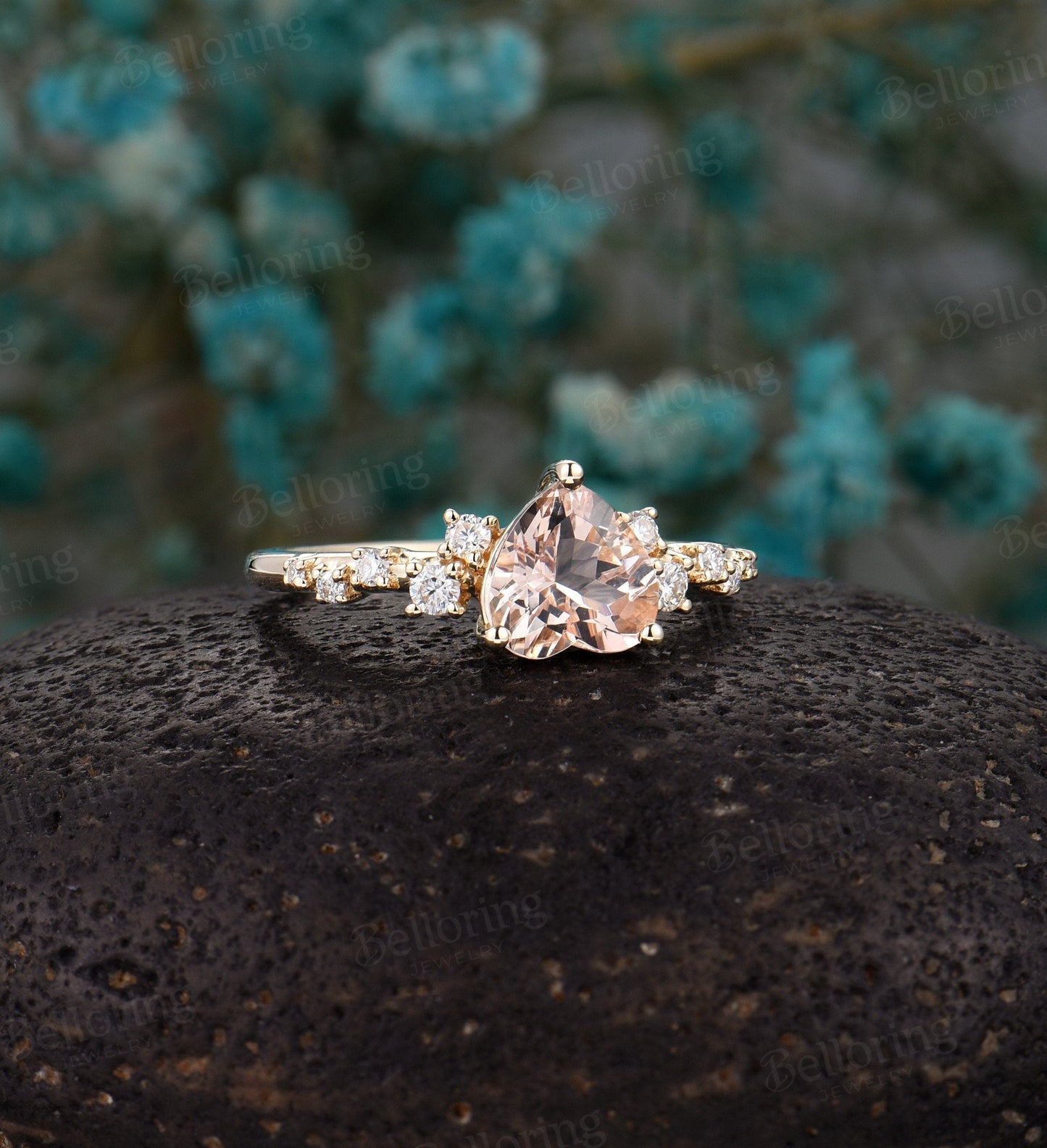 Heart-shaped Morganite vintage Engagement unique prong set ring, Art deco Wedding ring antique yellow gold ring, Anniversary wedding ring