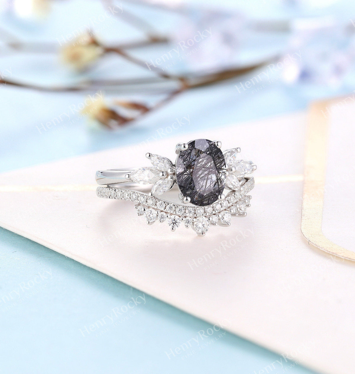 Black Rutilated Quartz  Engagement Ring | Half Eternity Oval shaped Vintage Bridal Set | Moissanite wedding band | Anniversary promise ring