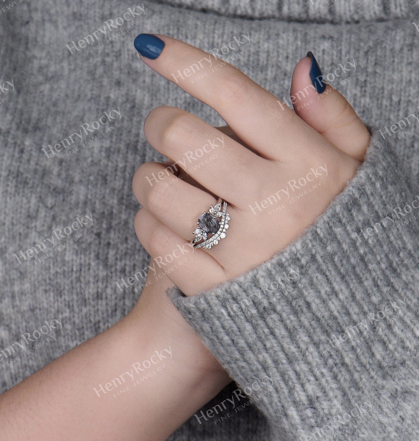 Black Rutilated Quartz  Engagement Ring | Half Eternity Oval shaped Vintage Bridal Set | Moissanite wedding band | Anniversary promise ring