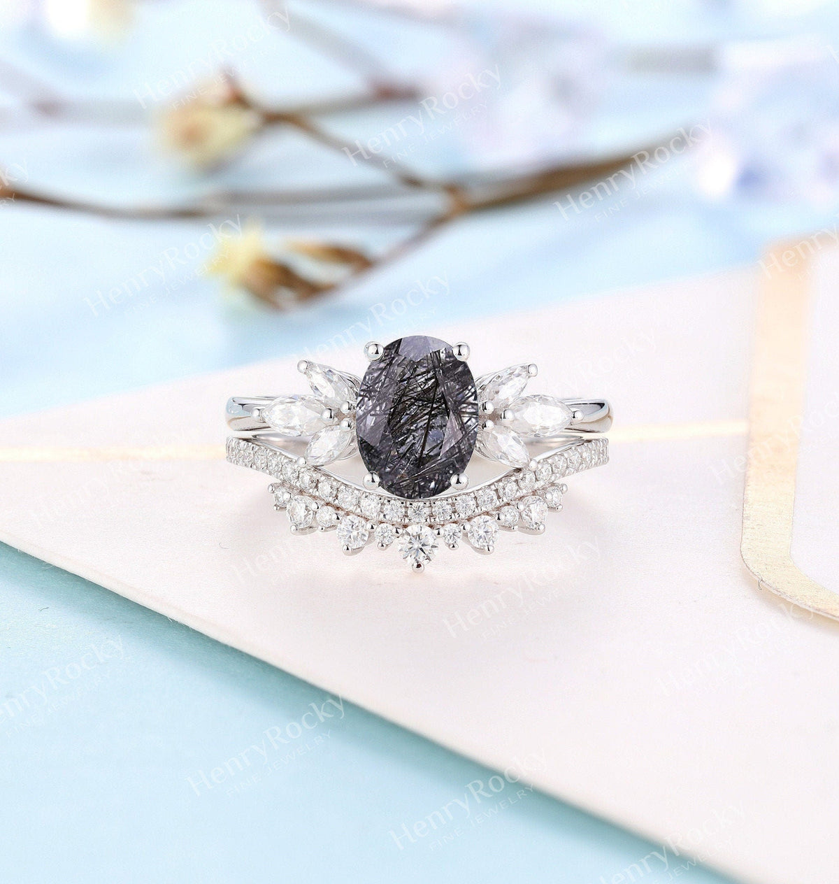 Black Rutilated Quartz  Engagement Ring | Half Eternity Oval shaped Vintage Bridal Set | Moissanite wedding band | Anniversary promise ring