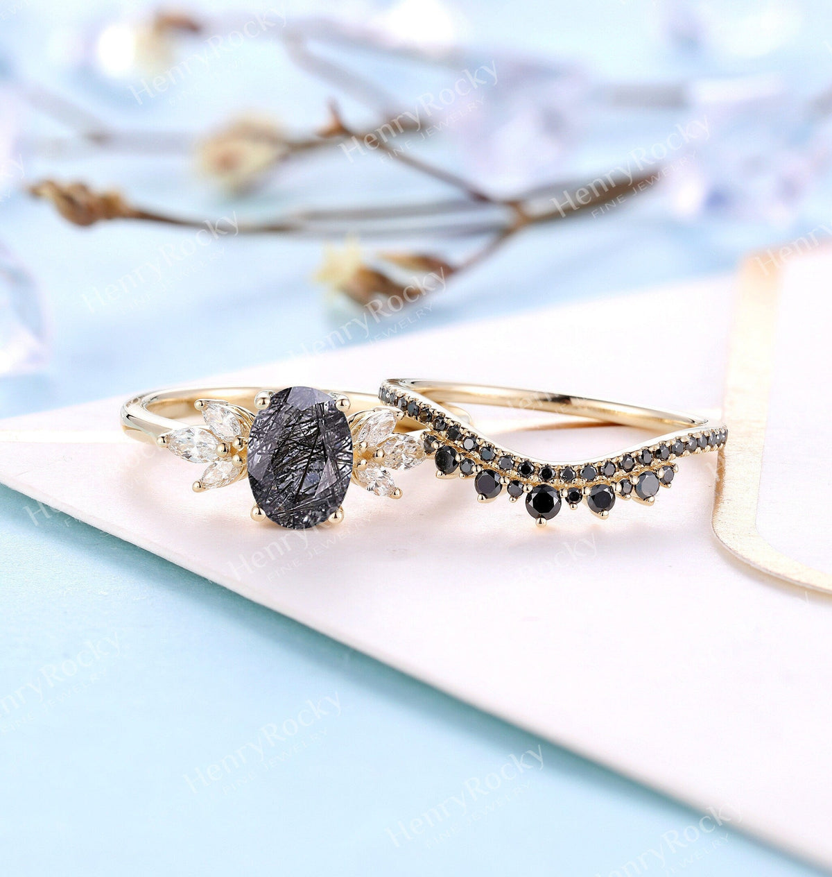 Black Rutilated Quartz  Engagement Ring yellow Gold | Half Eternity Oval shaped Bridal set I Unique Black Diamond ring | Anniversary ring