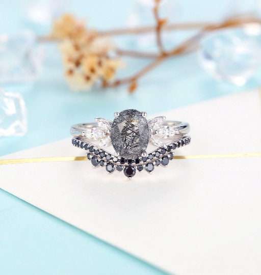 Black Rutilated Quartz Engagement Ring set | Oval shaped Rose gold ring |Art deco ring Black Diamond Wedding band | Anniversary Promise ring