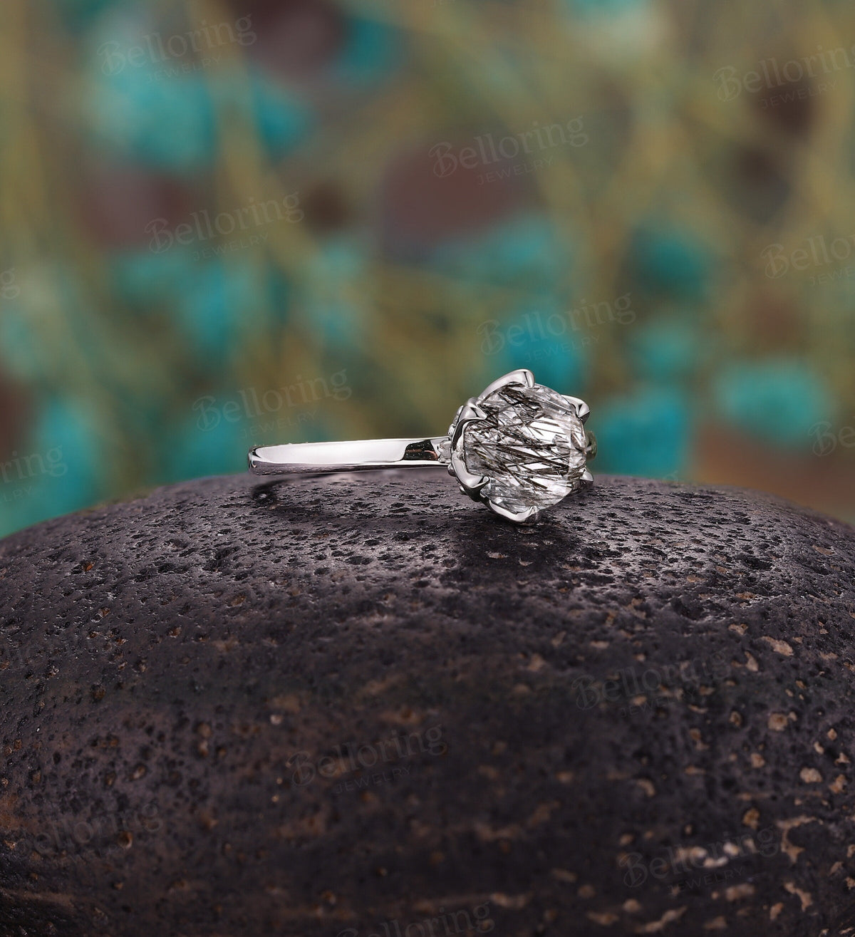 Black Rutilated Quartz engagement ring vintage prong set unique white gold diamond art deco Wedding promise  anniversary wedding ring