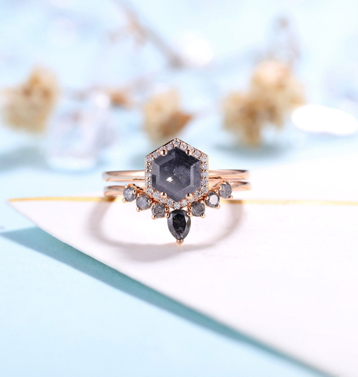 Salt and Pepper Diamond Engagement Ring set | Rose gold wedding Set | Curved diamond wedding band | Hexagon Bridal set | Anniversary promise