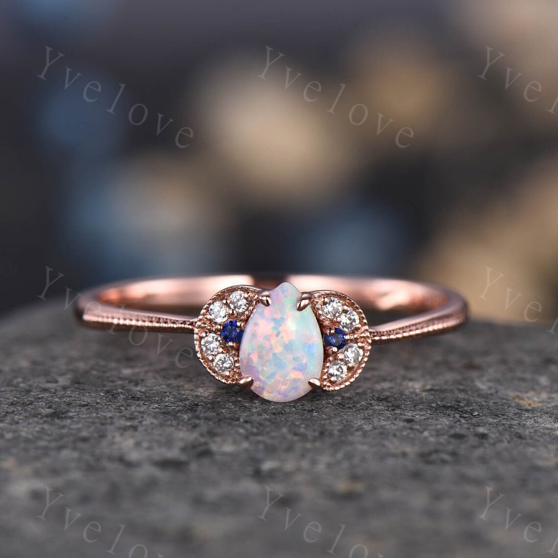 Black Rutilated Quartz Engagement Ring Rose Gold,Black Diamond Solitaire Ring,Pear shaped wedding rings for women