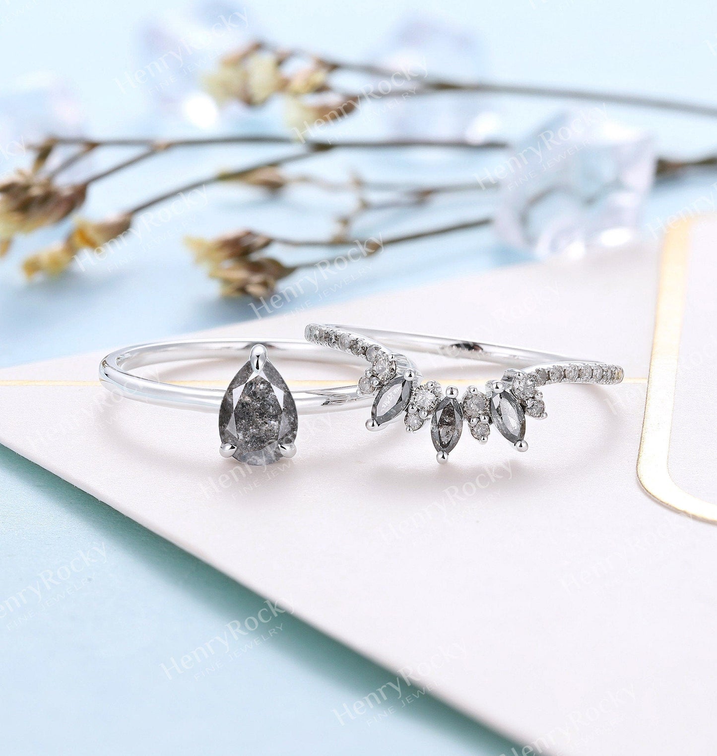 Art deco Salt and Pepper Diamond Engagement Ring Set | Vintage White gold Bridal set | Pear shaped ring | Curved wedding band | Promise ring