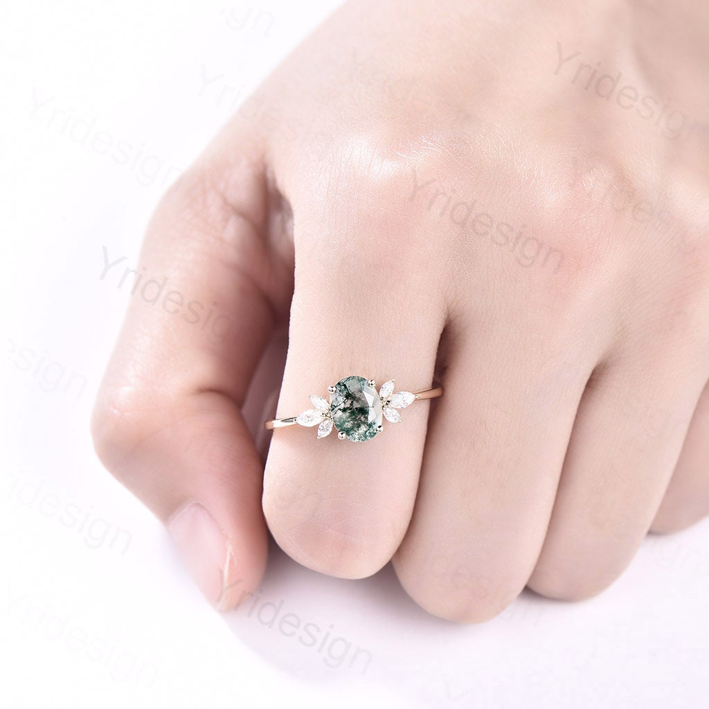 1.5CT Oval Natural Moss Agate Engagement Ring Cluster Diamond Green Agate Wedding Ring Art Deco Vintage Retro Green Crystal Anniversary Ring