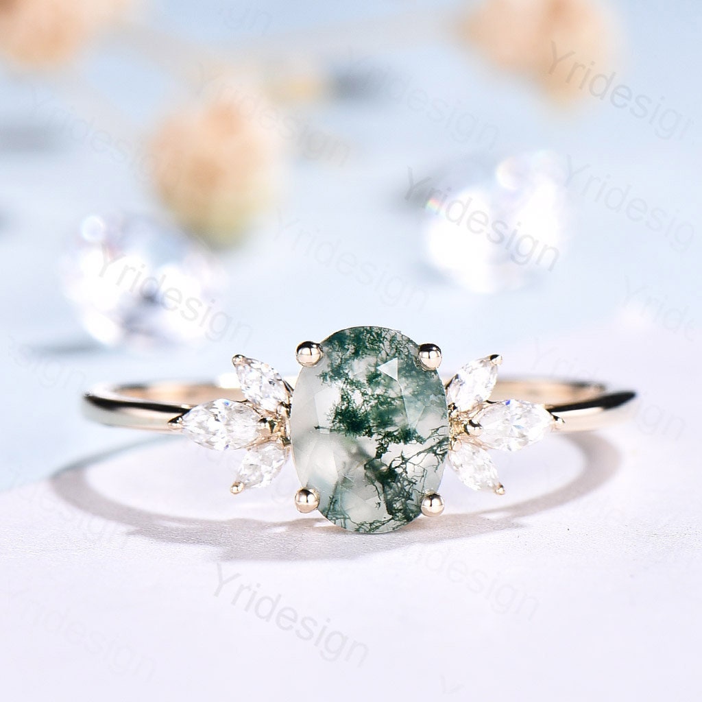 1.5CT Oval Natural Moss Agate Engagement Ring Cluster Diamond Green Agate Wedding Ring Art Deco Vintage Retro Green Crystal Anniversary Ring