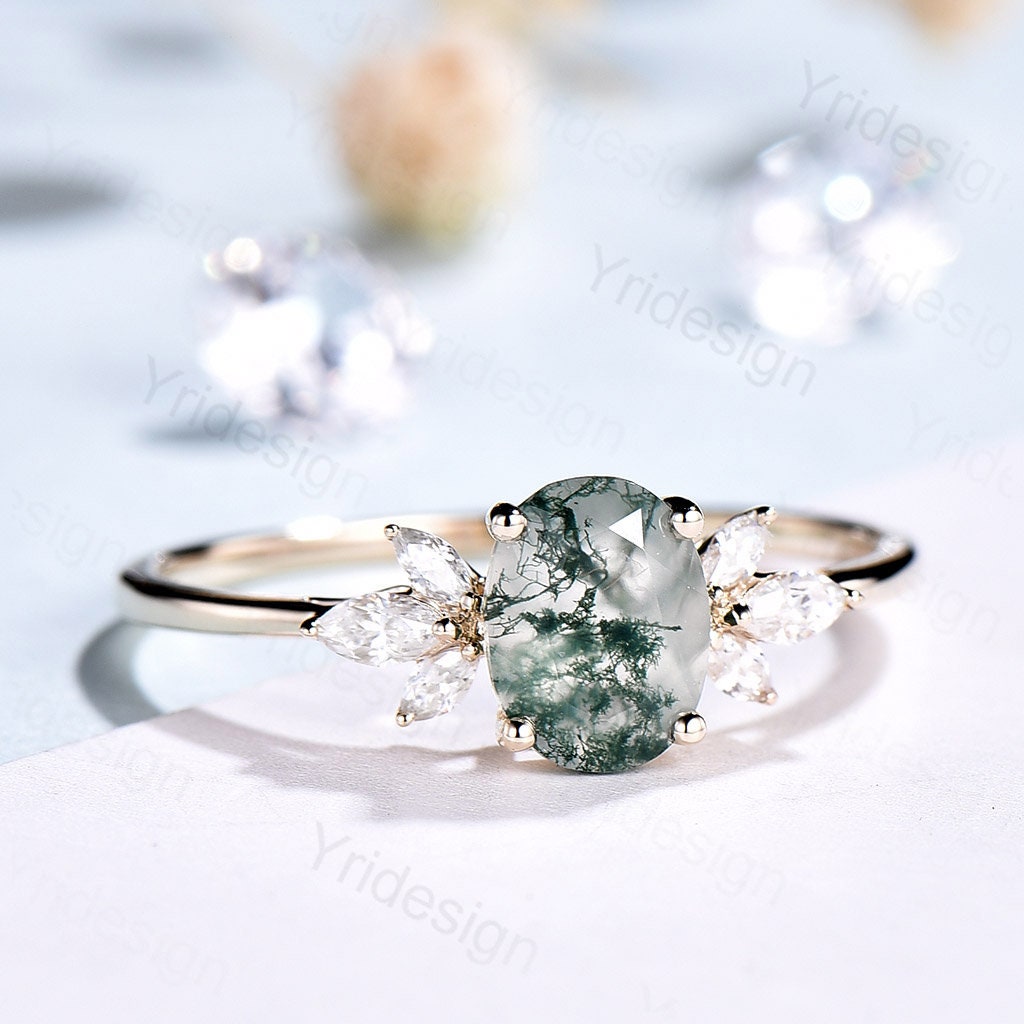 1.5CT Oval Natural Moss Agate Engagement Ring Cluster Diamond Green Agate Wedding Ring Art Deco Vintage Retro Green Crystal Anniversary Ring