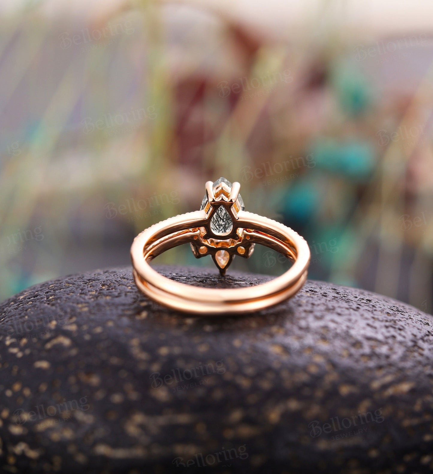 Black Rutilated Quartz engagement ring set rose gold ring set pear cut ring set vintage Half eternity Wedding band Anniversary ring set