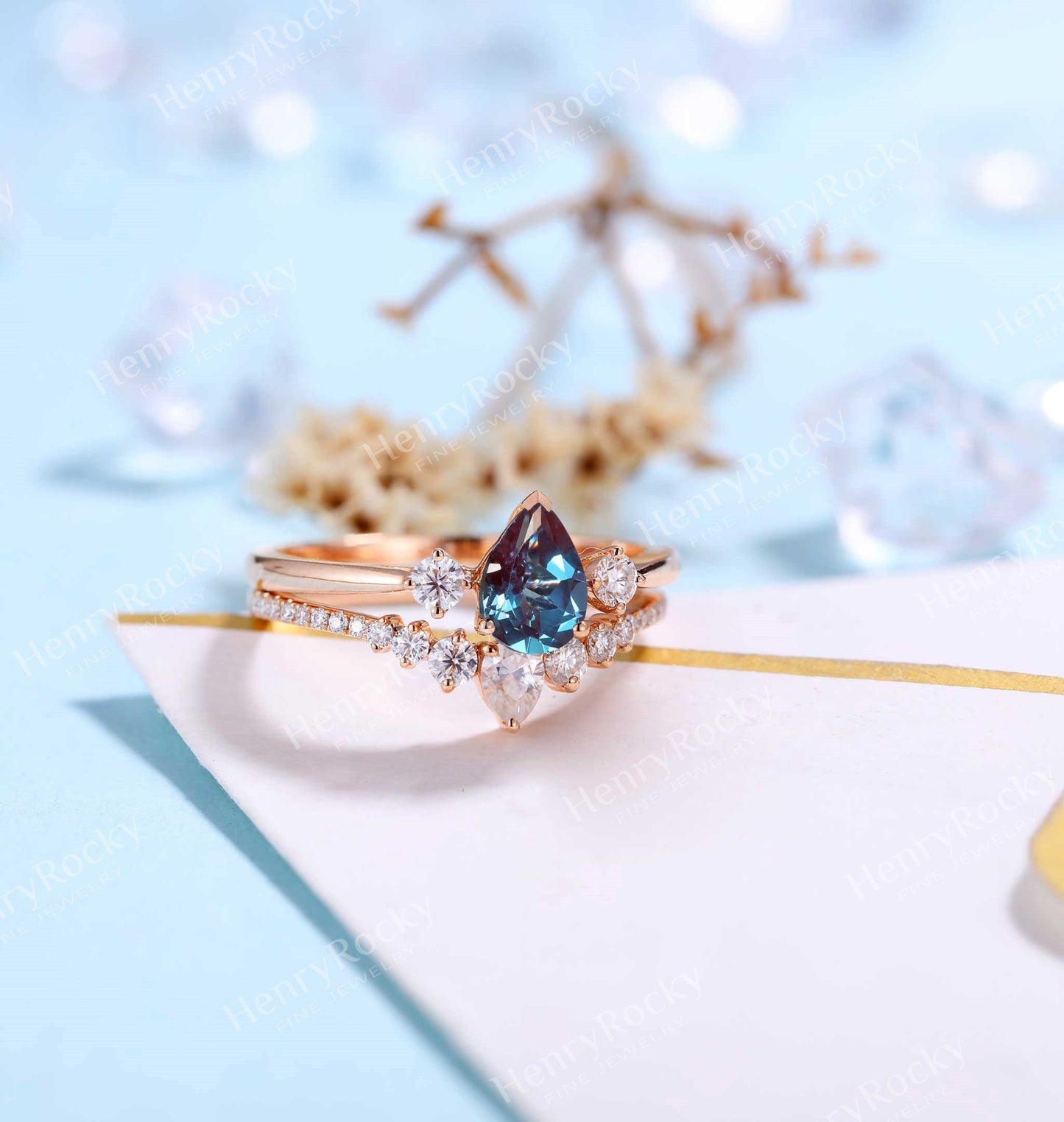 Alexandrite Engagement Ring Rose Gold Ring | Antique Moissanite Half Eternity Bridal Set | Art deco Wedding ring | Anniversary Promise ring