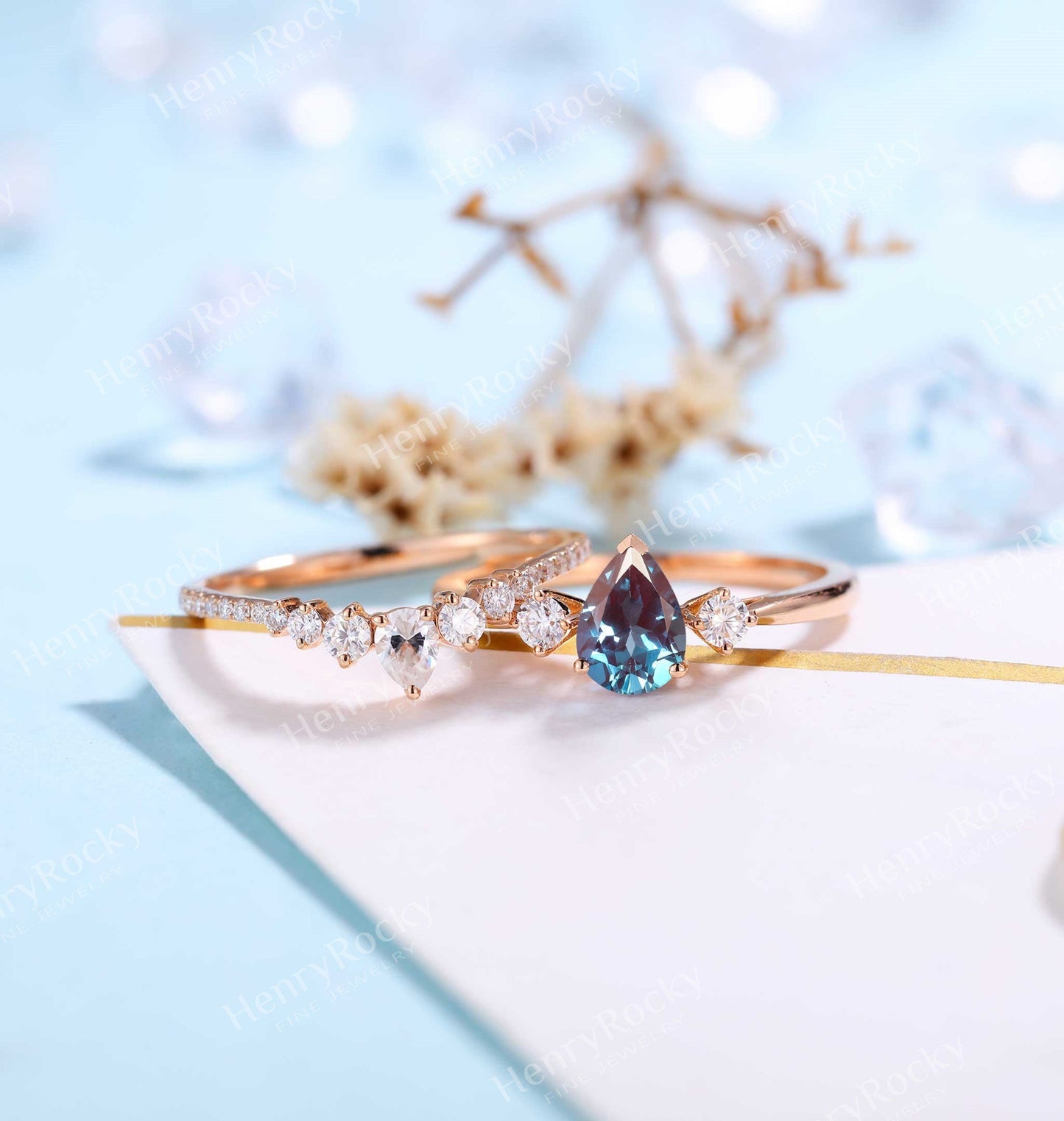 Alexandrite Engagement Ring Rose Gold Ring | Antique Moissanite Half Eternity Bridal Set | Art deco Wedding ring | Anniversary Promise ring