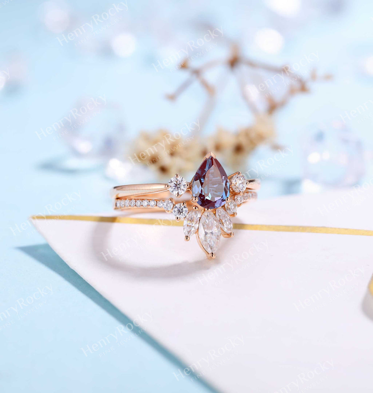 Vintage Alexandrite Engagement Ring|Rose Gold Band Women|Moissanite Half Eternity Bridal Set | Unique Wedding Set | Anniversary Gift for her