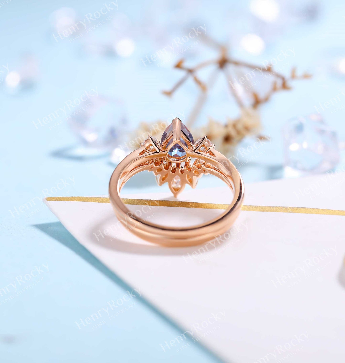 Vintage Alexandrite Engagement Ring|Rose Gold Band Women|Moissanite Half Eternity Bridal Set | Unique Wedding Set | Anniversary Gift for her