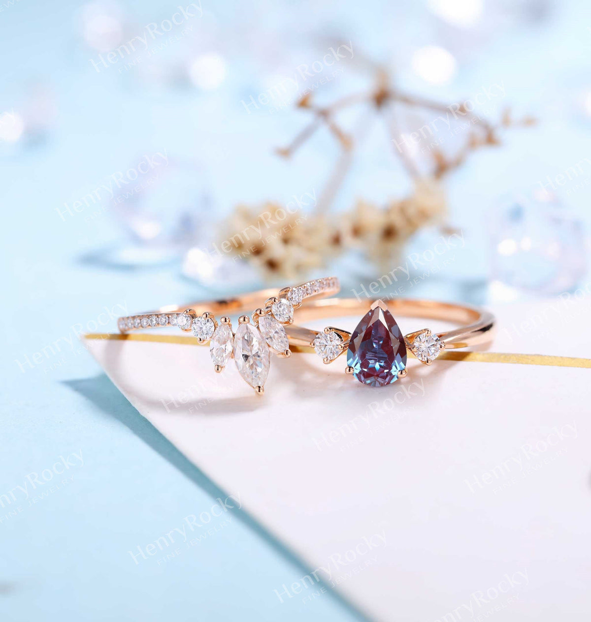 Vintage Alexandrite Engagement Ring|Rose Gold Band Women|Moissanite Half Eternity Bridal Set | Unique Wedding Set | Anniversary Gift for her