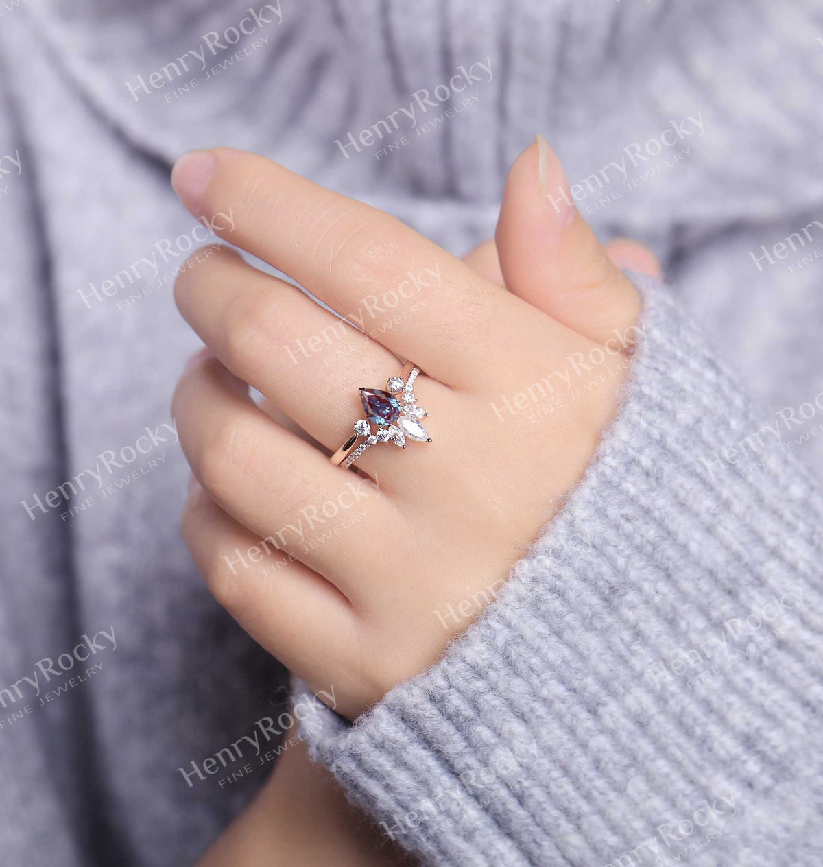 Vintage Alexandrite Engagement Ring|Rose Gold Band Women|Moissanite Half Eternity Bridal Set | Unique Wedding Set | Anniversary Gift for her