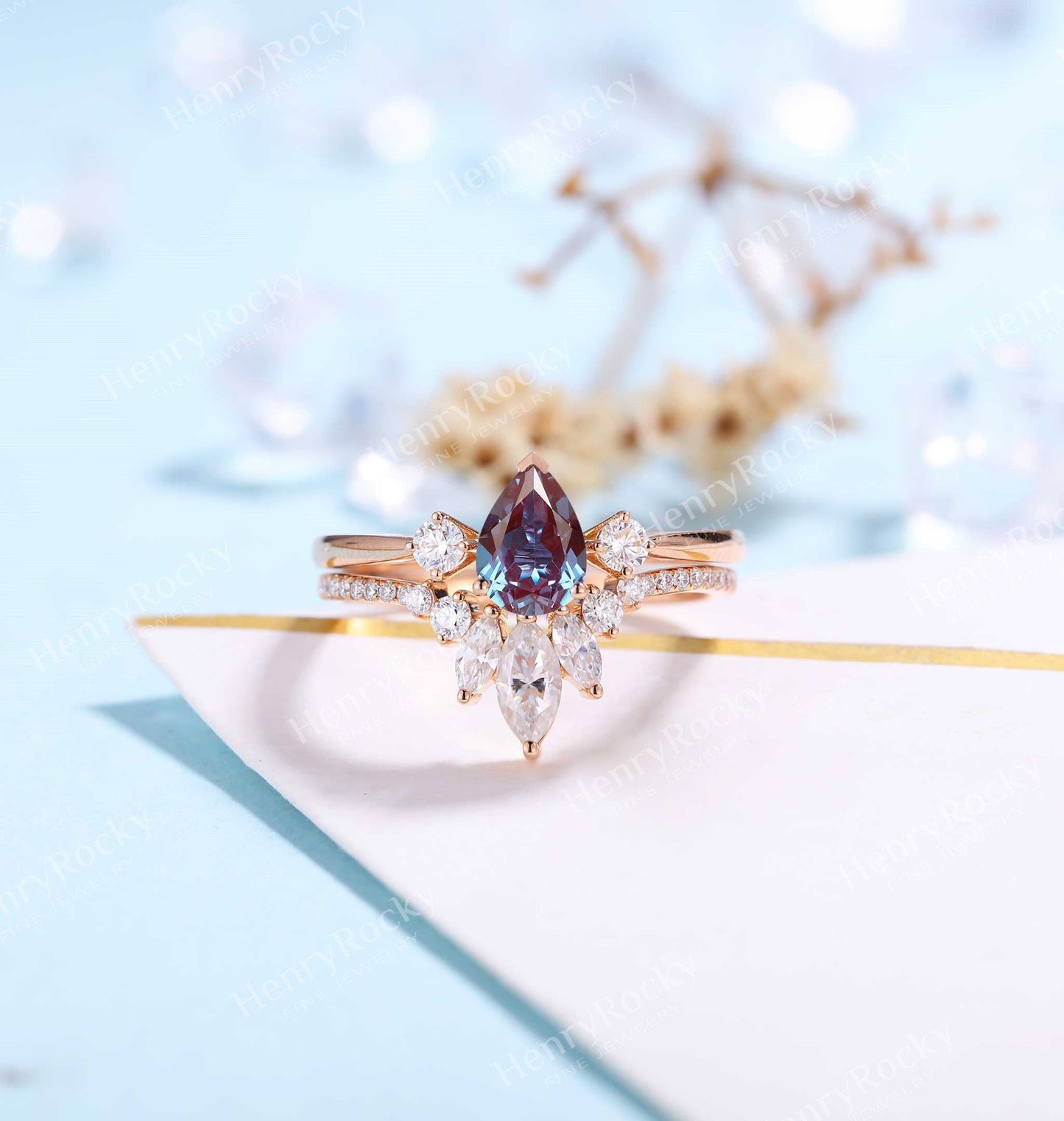 Vintage Alexandrite Engagement Ring|Rose Gold Band Women|Moissanite Half Eternity Bridal Set | Unique Wedding Set | Anniversary Gift for her