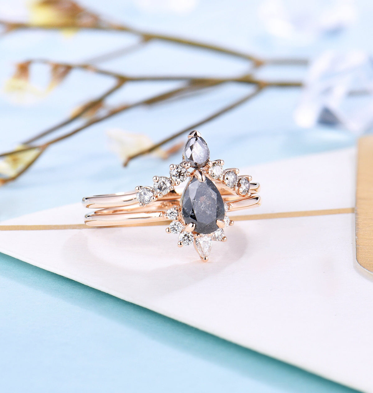 Art deco Salt and Pepper Diamond Engagement Ring Set | Vintage Rose gold Bridal set| Pear cut Curved wedding band | Anniversary promise ring
