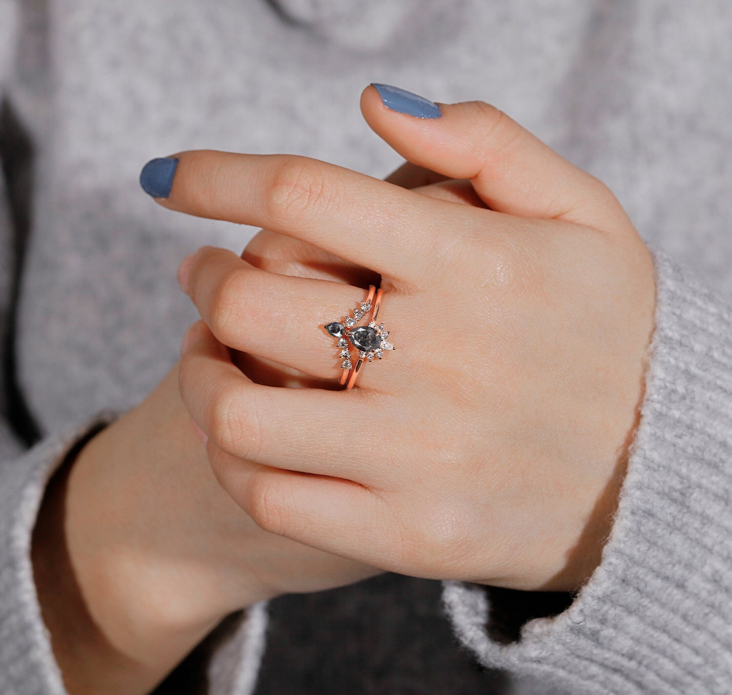 Art deco Salt and Pepper Diamond Engagement Ring Set | Vintage Rose gold Bridal set| Pear cut Curved wedding band | Anniversary promise ring