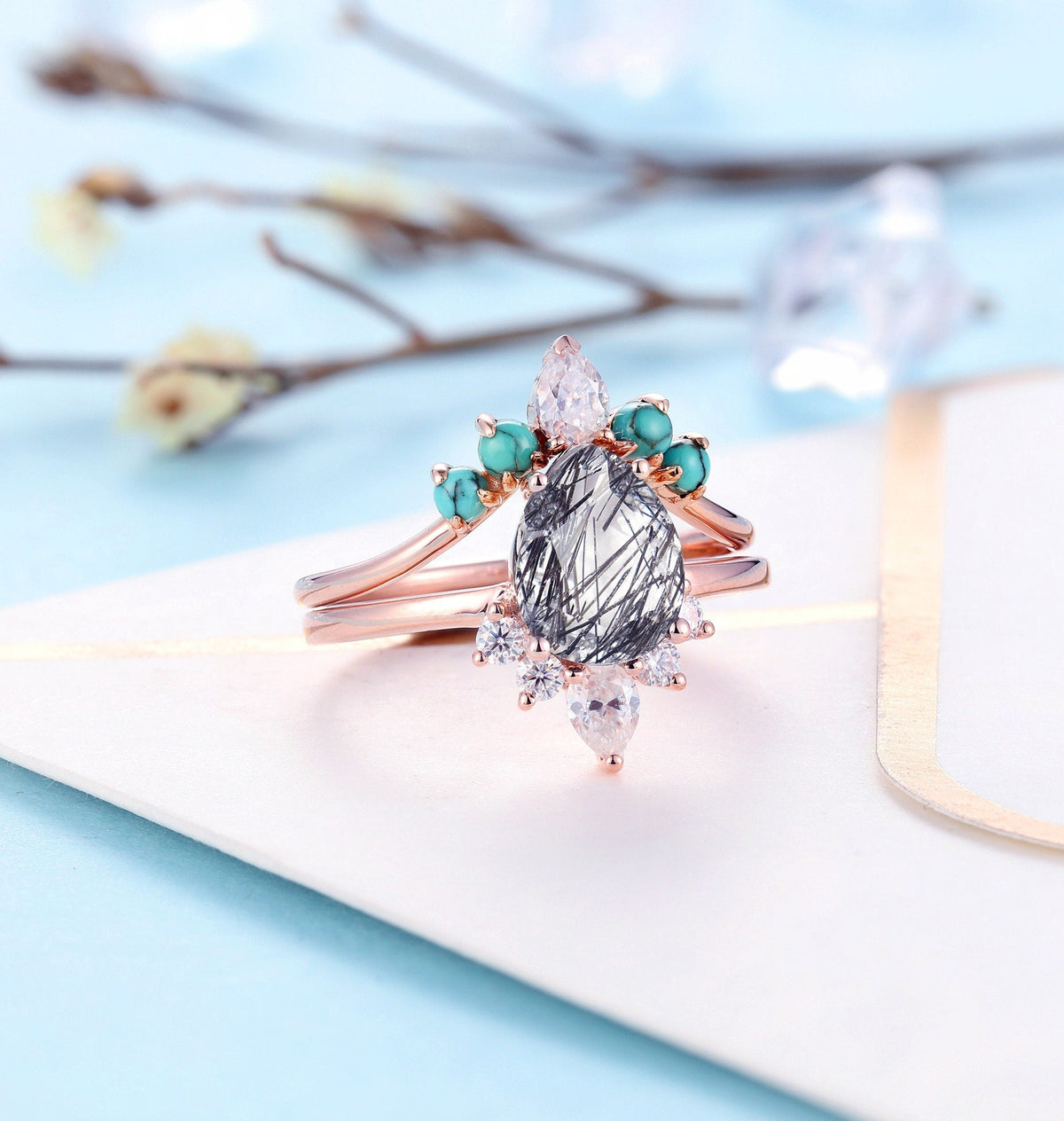 Black Rutilated Quartz Vintage Engagement Ring | Art deco Pear shaped Diamond Bridal Set | Antique turquoise wedding band | Anniversary ring