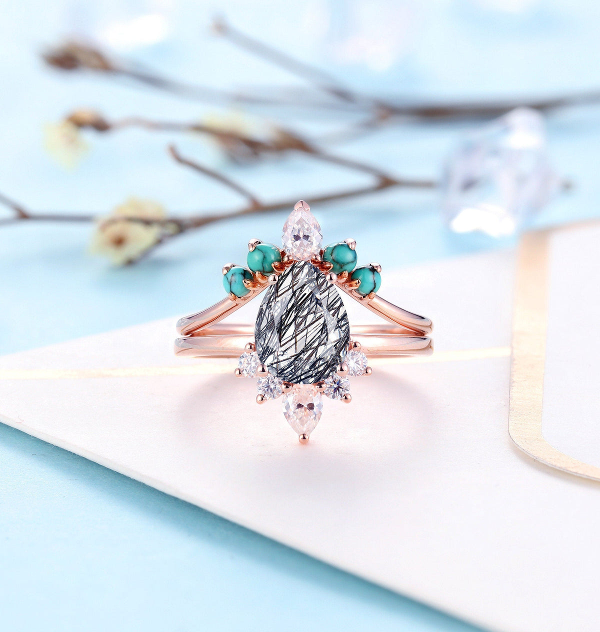 Black Rutilated Quartz Vintage Engagement Ring | Art deco Pear shaped Diamond Bridal Set | Antique turquoise wedding band | Anniversary ring