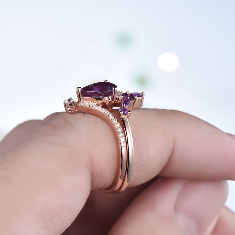 Pear Blue Sandstone Engagement Ring Set: Art Deco Rose Gold, Amethyst Band