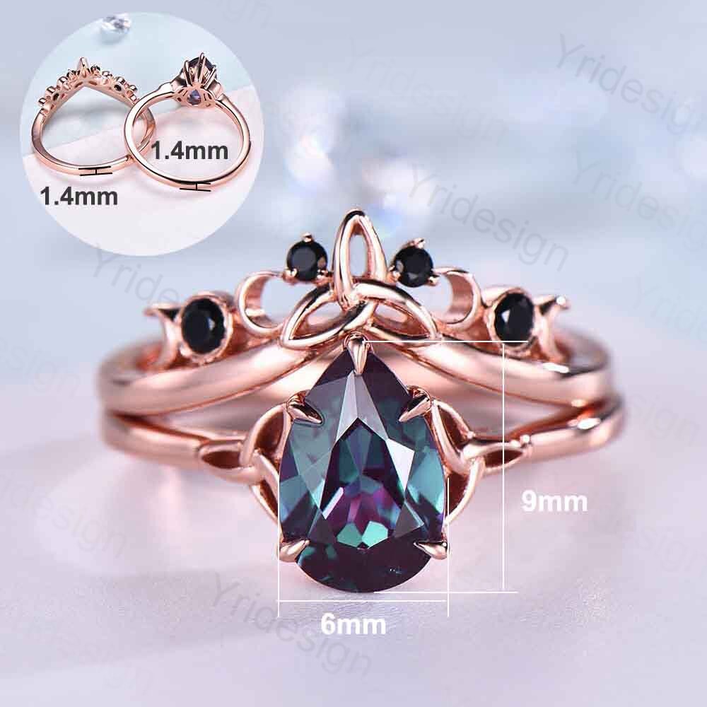 Celtic Knot Norse Viking Alexandrite Engagement Ring Set Unique Pear Alexandrite Wedding Ring,Curved Black Spinel Matching Band Bridal Sets