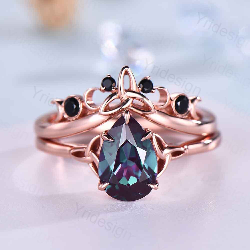 Celtic Knot Norse Viking Alexandrite Engagement Ring Set Unique Pear Alexandrite Wedding Ring,Curved Black Spinel Matching Band Bridal Sets