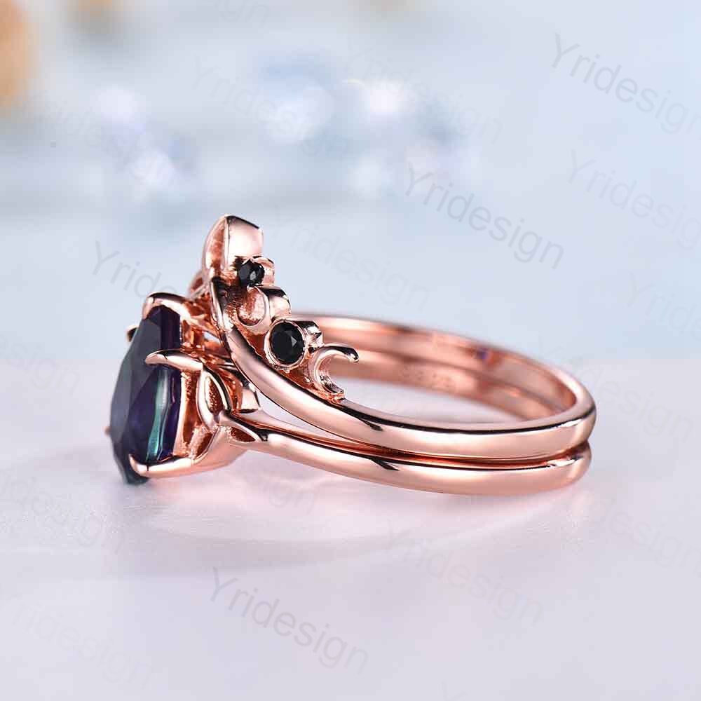 Celtic Knot Norse Viking Alexandrite Engagement Ring Set Unique Pear Alexandrite Wedding Ring,Curved Black Spinel Matching Band Bridal Sets