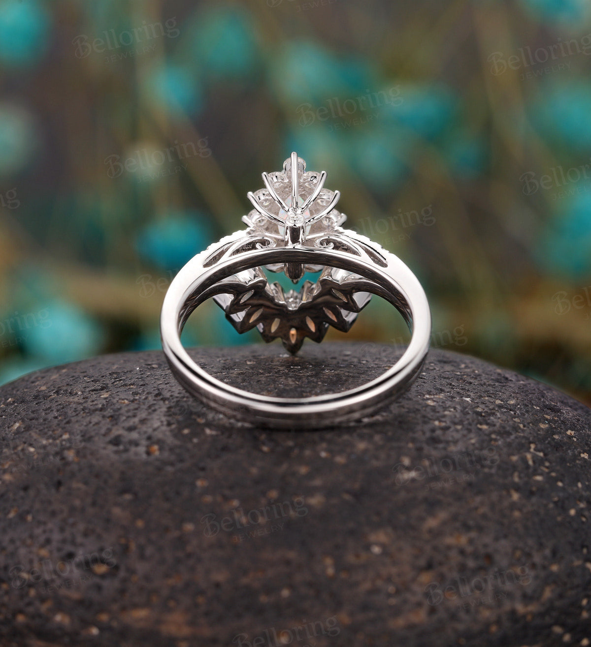 Marquise cut Opal engagement ring set for  Vintage diamond white gold wedding band halo Art deco Jewelry unique solid ring set