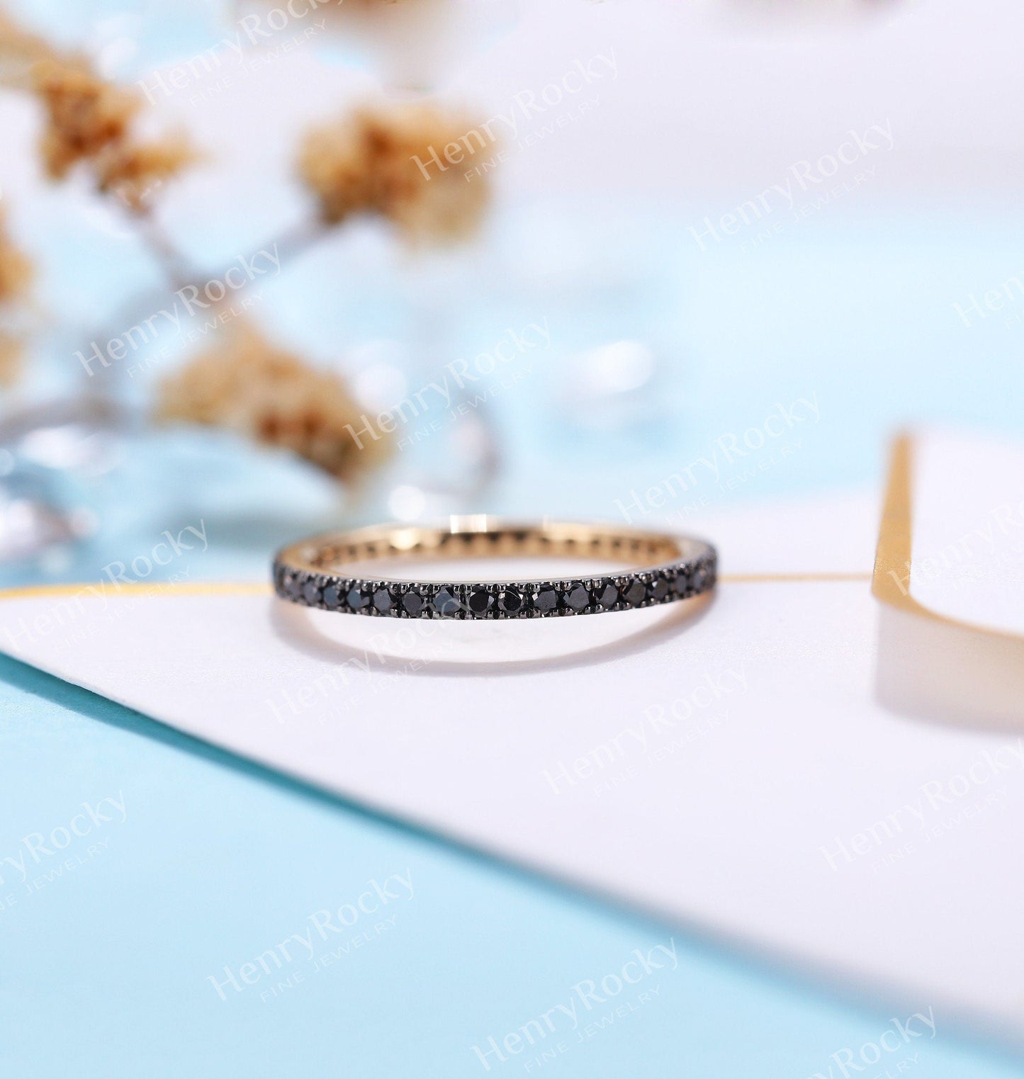 Art deco Black Diamond Wedding Band Women | yellow gold band | eternity Bridal Jewelry | Vintage promise Anniversary Gift for her
