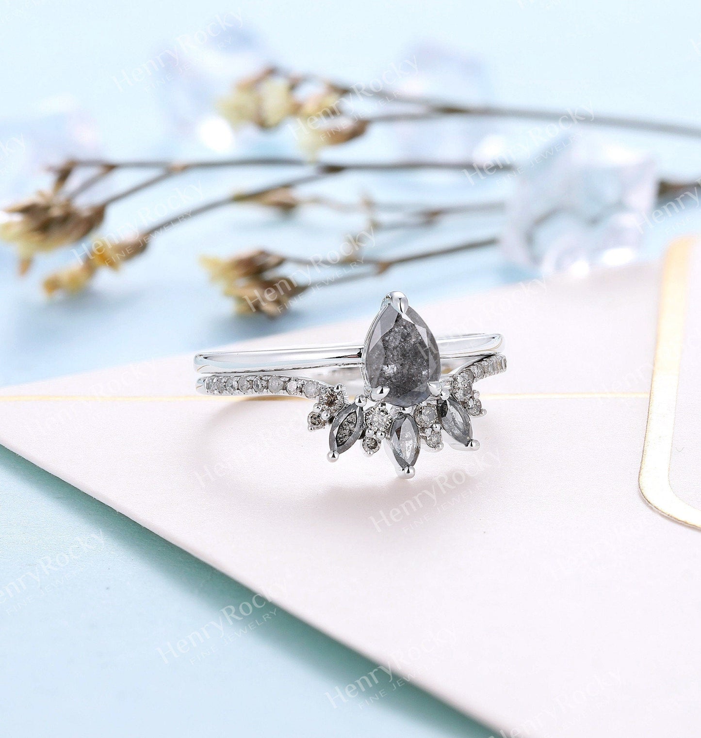 Art deco Salt and Pepper Diamond Engagement Ring Set | Vintage White gold Bridal set | Pear shaped ring | Curved wedding band | Promise ring