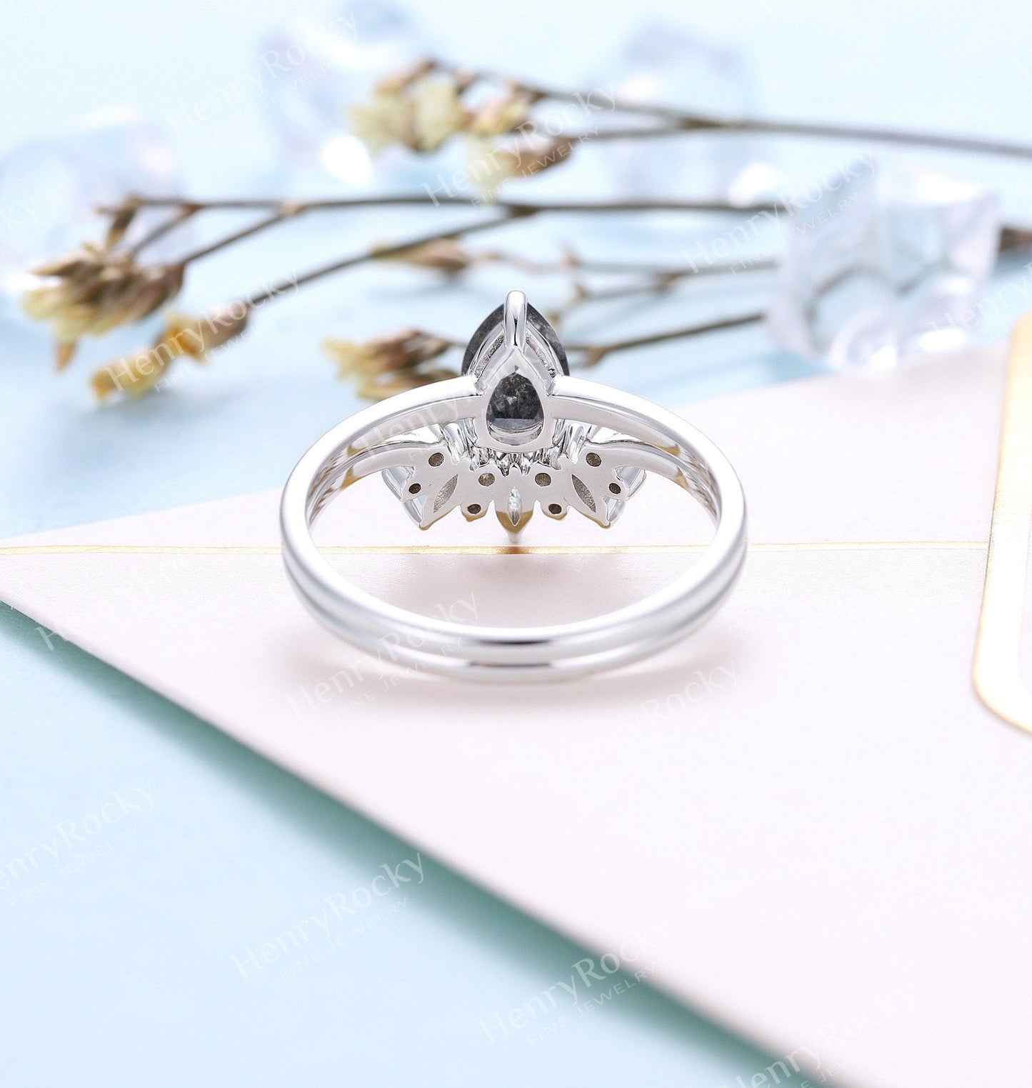 Art deco Salt and Pepper Diamond Engagement Ring Set | Vintage White gold Bridal set | Pear shaped ring | Curved wedding band | Promise ring