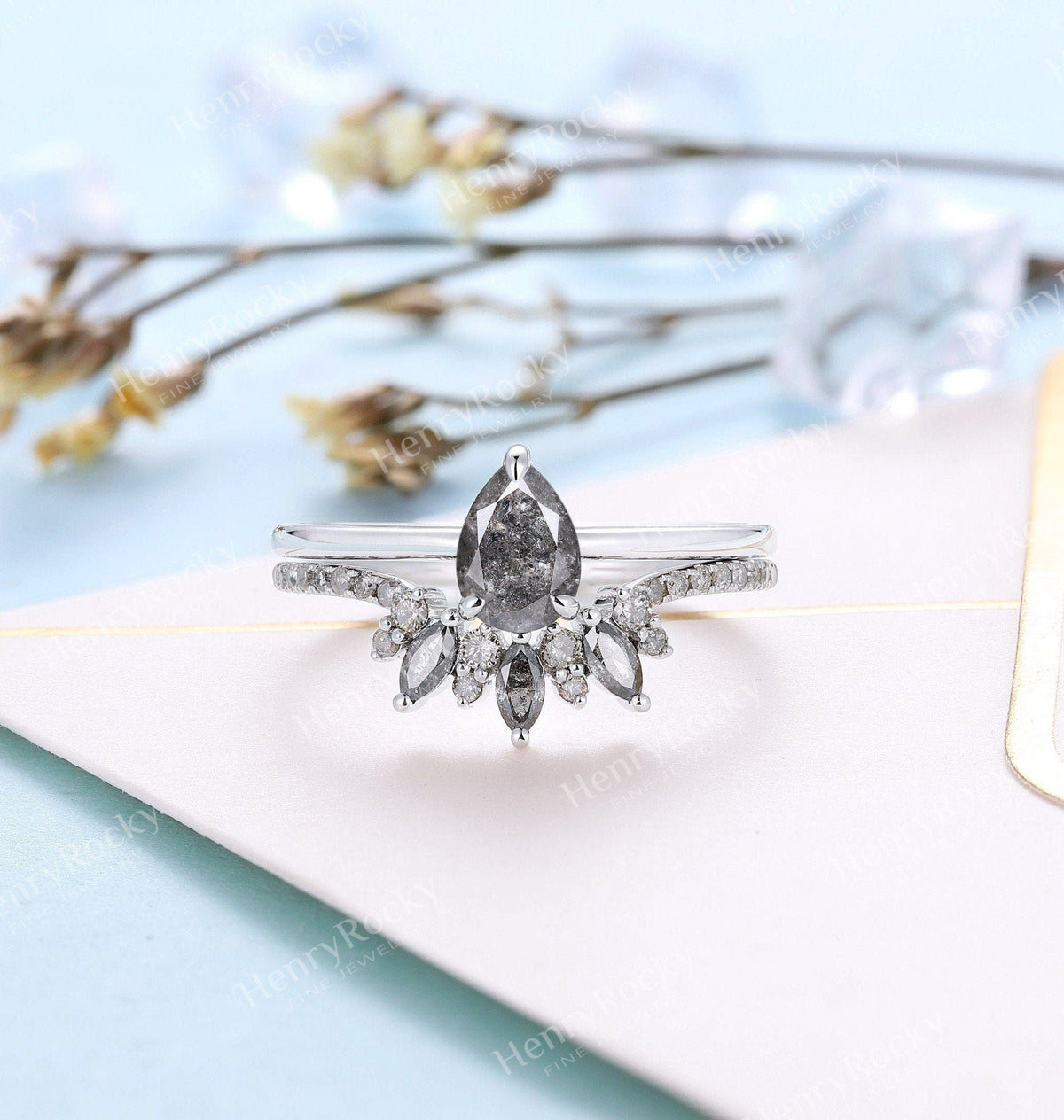 Art deco Salt and Pepper Diamond Engagement Ring Set | Vintage White gold Bridal set | Pear shaped ring | Curved wedding band | Promise ring