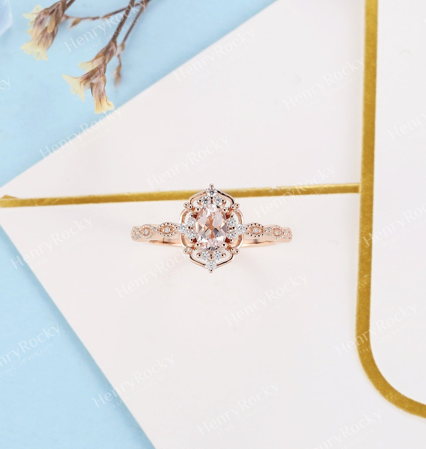 Art deco Morganite Engagement Ring | Vintage Rose Gold Diamond Ring | Antique Oval shaped Milgrain wedding ring | Unique Anniversary ring