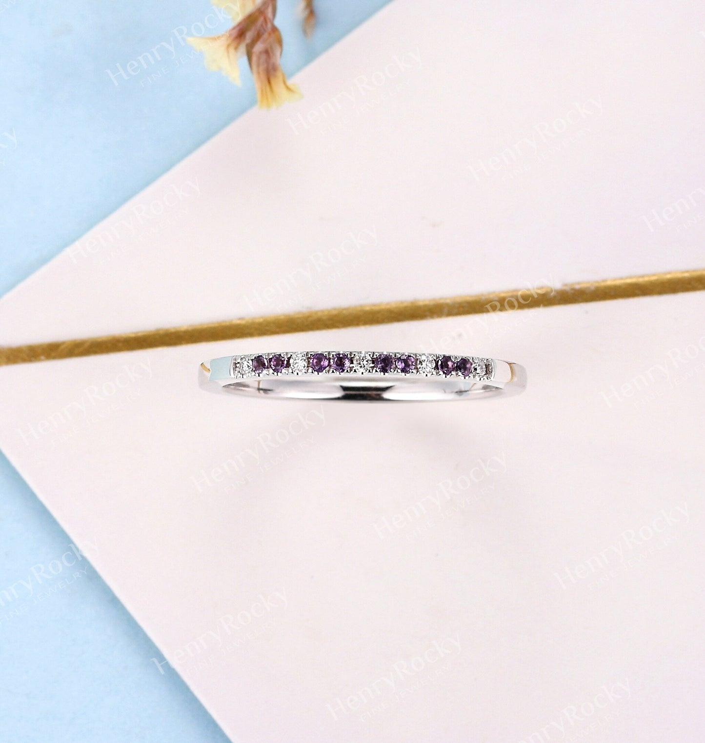 Delicate Wedding Band White Gold Women | Vintage Diamond wedding ring Stacking Amethyst jewelry|Unique Promise Ring Anniversary Gift for her