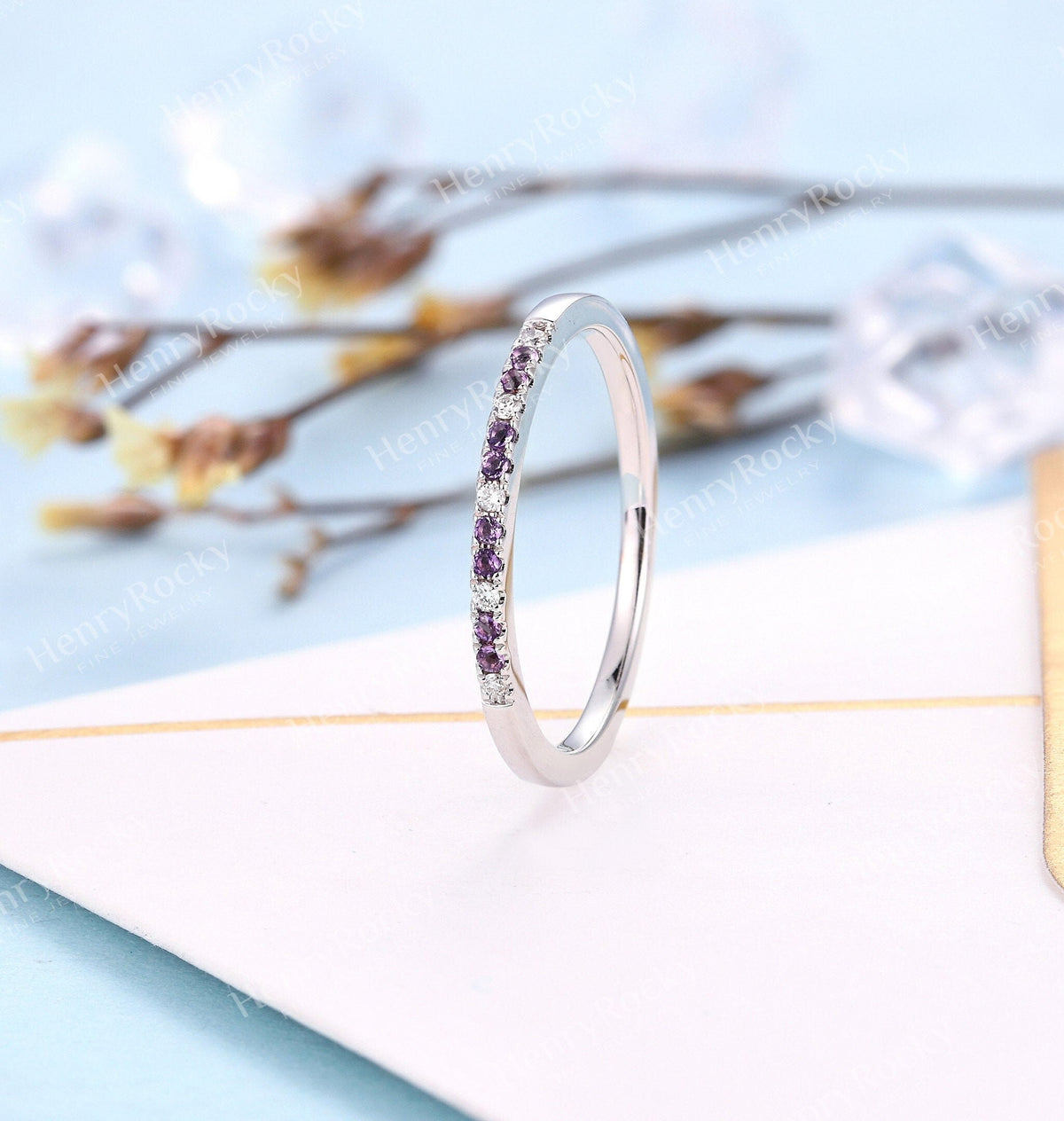 Delicate Wedding Band White Gold Women | Vintage Diamond wedding ring Stacking Amethyst jewelry|Unique Promise Ring Anniversary Gift for her