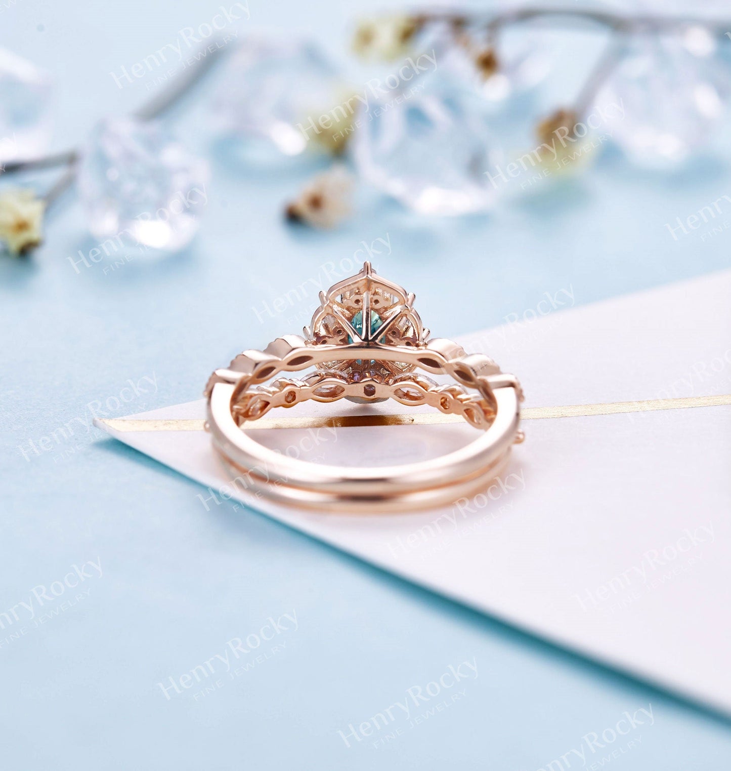 Art deco teal sapphire engagement ring set | Antique rose gold bridal set | Vintage diamond milgrain wedding ring set | Anniversary promise