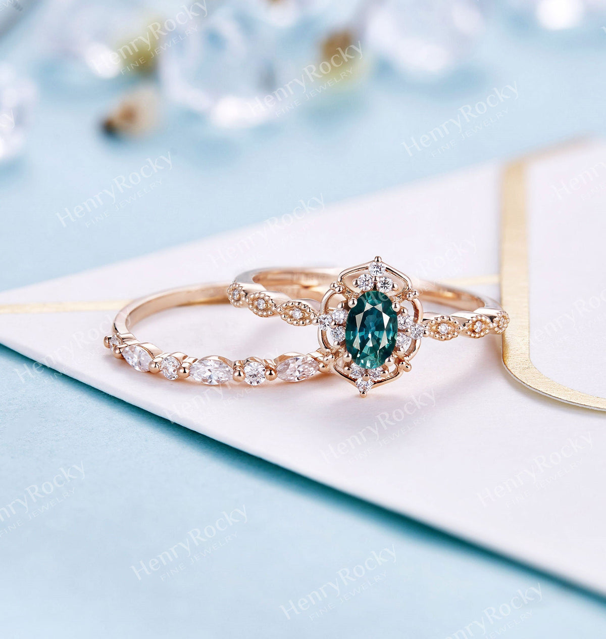 Art deco teal sapphire engagement ring set | Antique rose gold bridal set | Vintage diamond milgrain wedding ring set | Anniversary promise